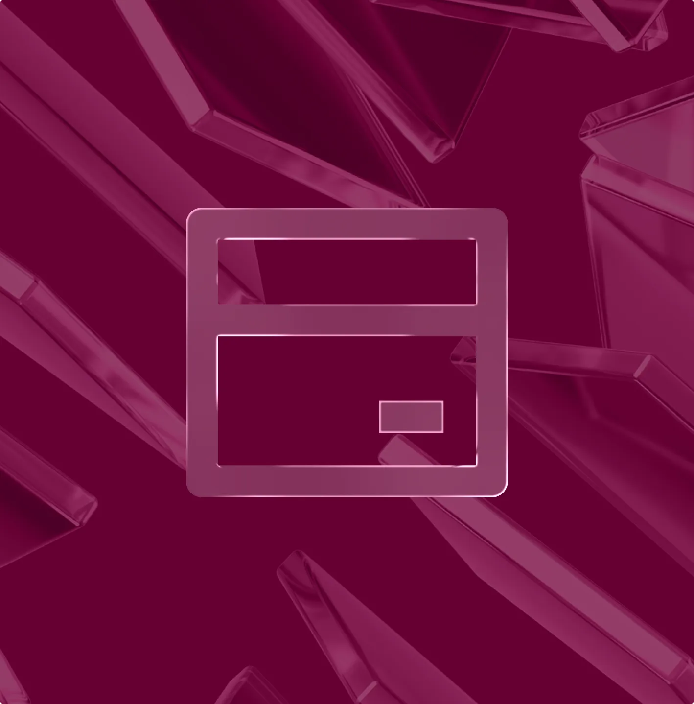 Transparent stylized credit card icon with two horizontal rectangles inside, against a background of abstract translucent purple shards.