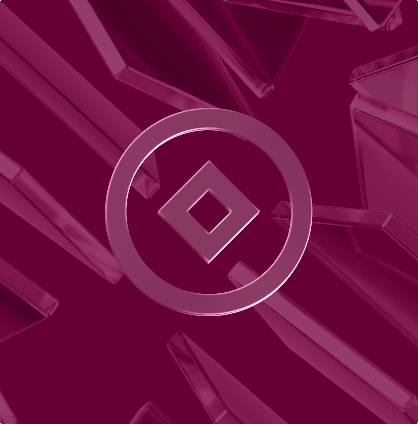 Translucent pink geometric shapes on a darker pink background with a central circular symbol enclosing a diamond shape with a smaller diamond cut-out inside it.
