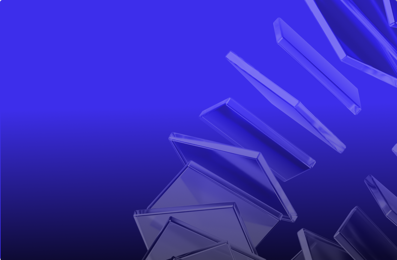 Abstract composition of translucent, blue, glass-like geometric shapes resembling hexagons and elongated rectangles on a gradient blue background.