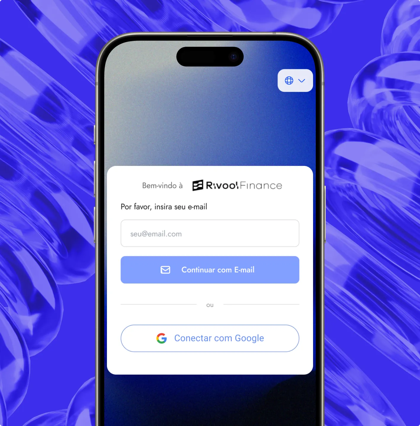 Smartphone screen showing a login interface for 'Rivoo! Finance' app in Portuguese, asking to enter an email with a placeholder email input field, a blue button labeled 'Continuar com E-mail' (Continue with Email), and an option to connect with Google below it.