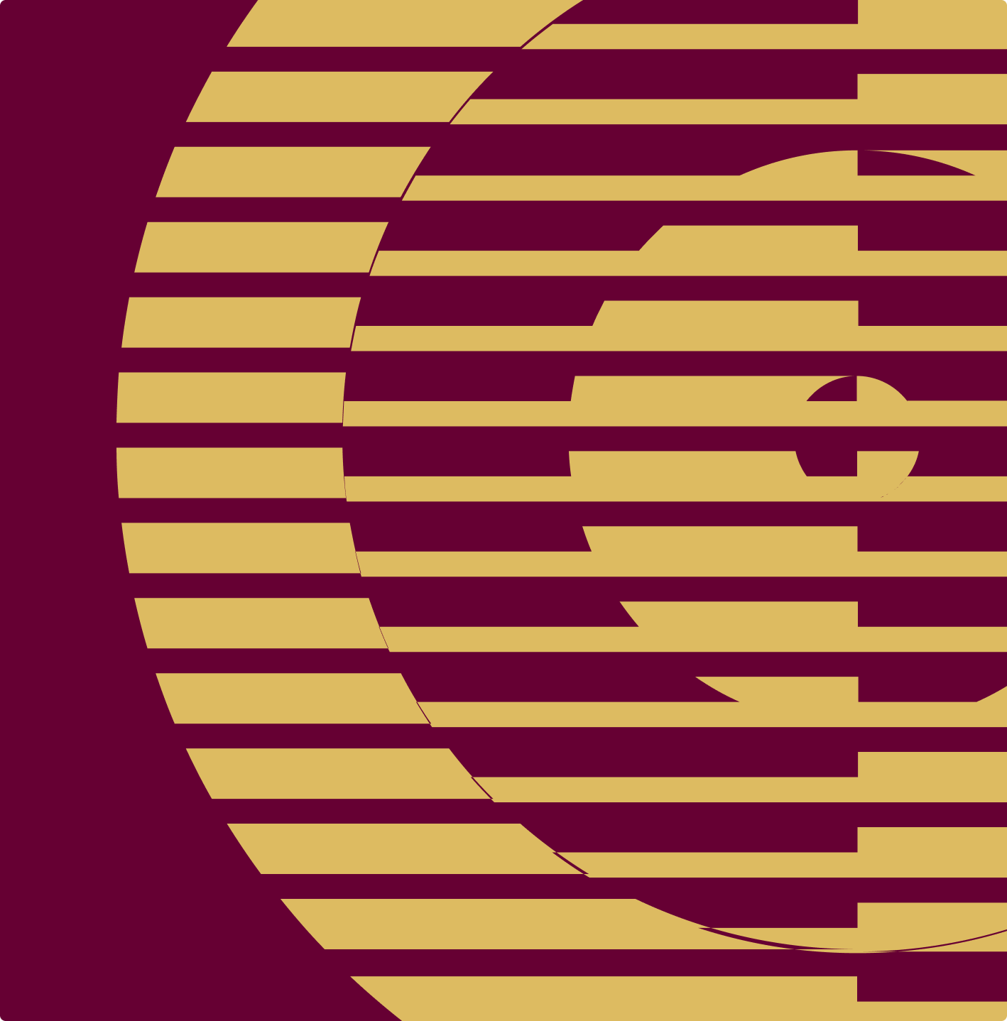 Stylized maroon background with the letter G formed by horizontal gold stripes spaced apart, creating a striped and segmented effect.
