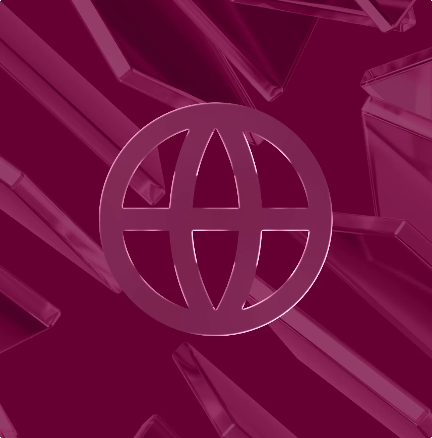 A stylized globe icon with vertical and horizontal lines inside a circle on a dark magenta background with reflective geometric shapes.