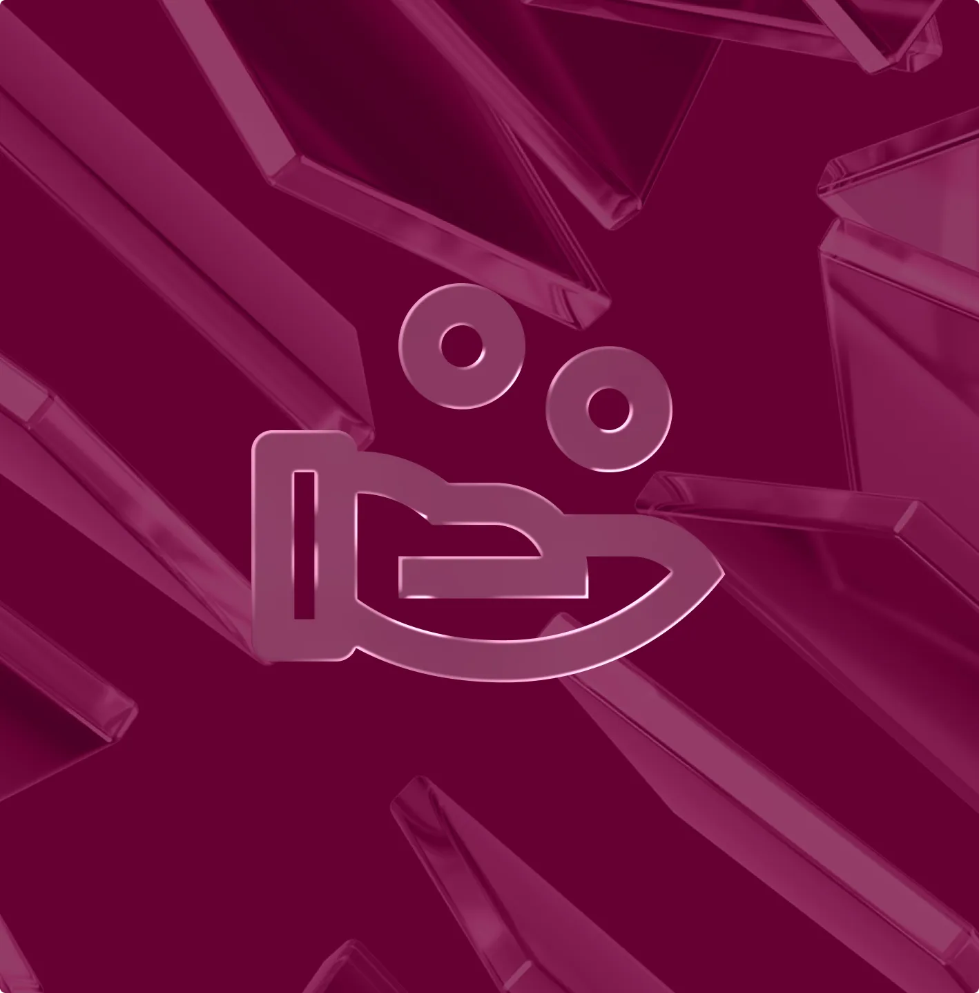 Glossy 3D maroon background with translucent geometric shapes and a stylized face icon featuring two circular eyes and a curved mouth with a rectangular gap.