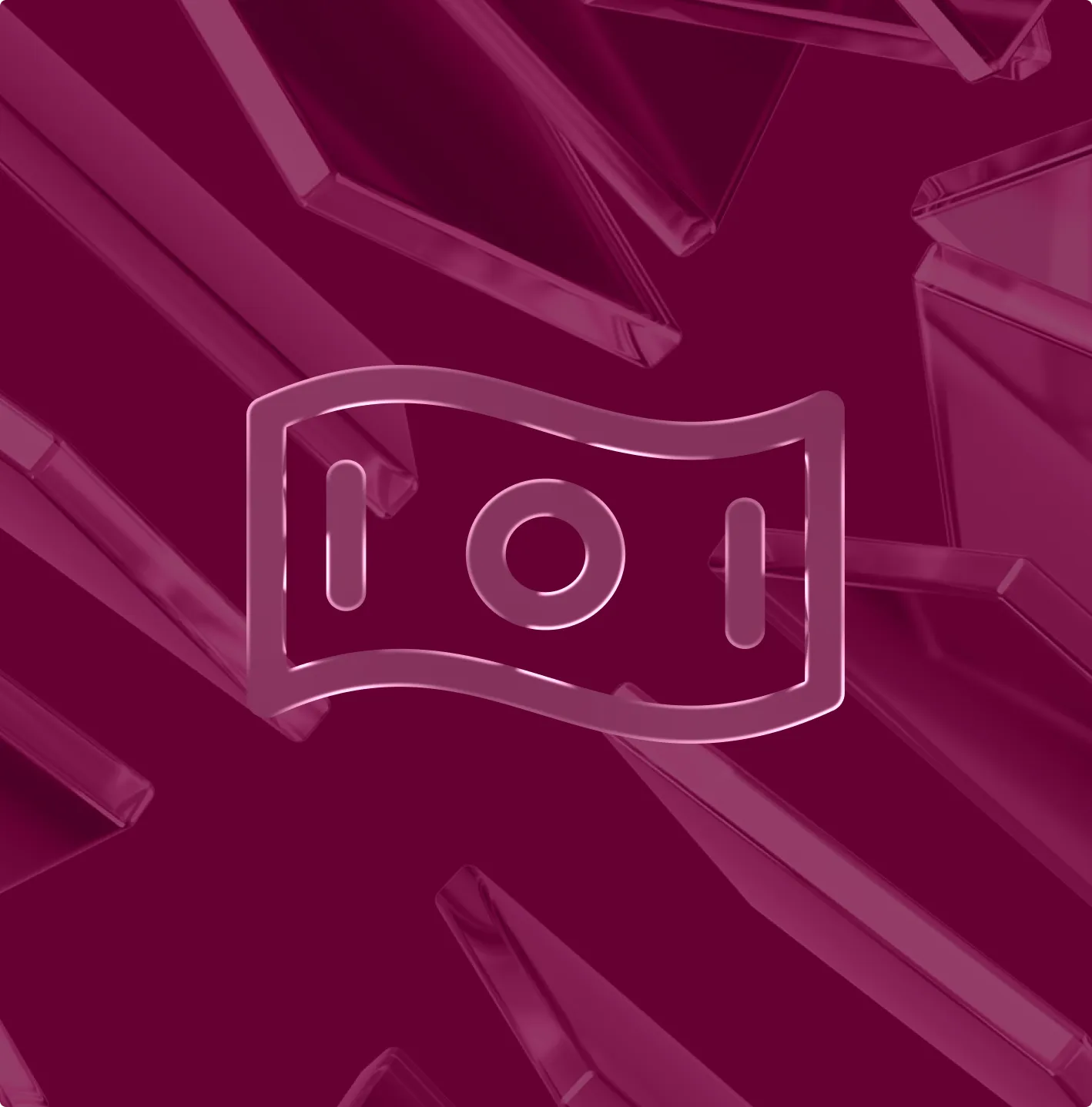 Purple translucent 3D shapes resembling prisms scattered on a purple background with a transparent icon of a bill or currency note centered.
