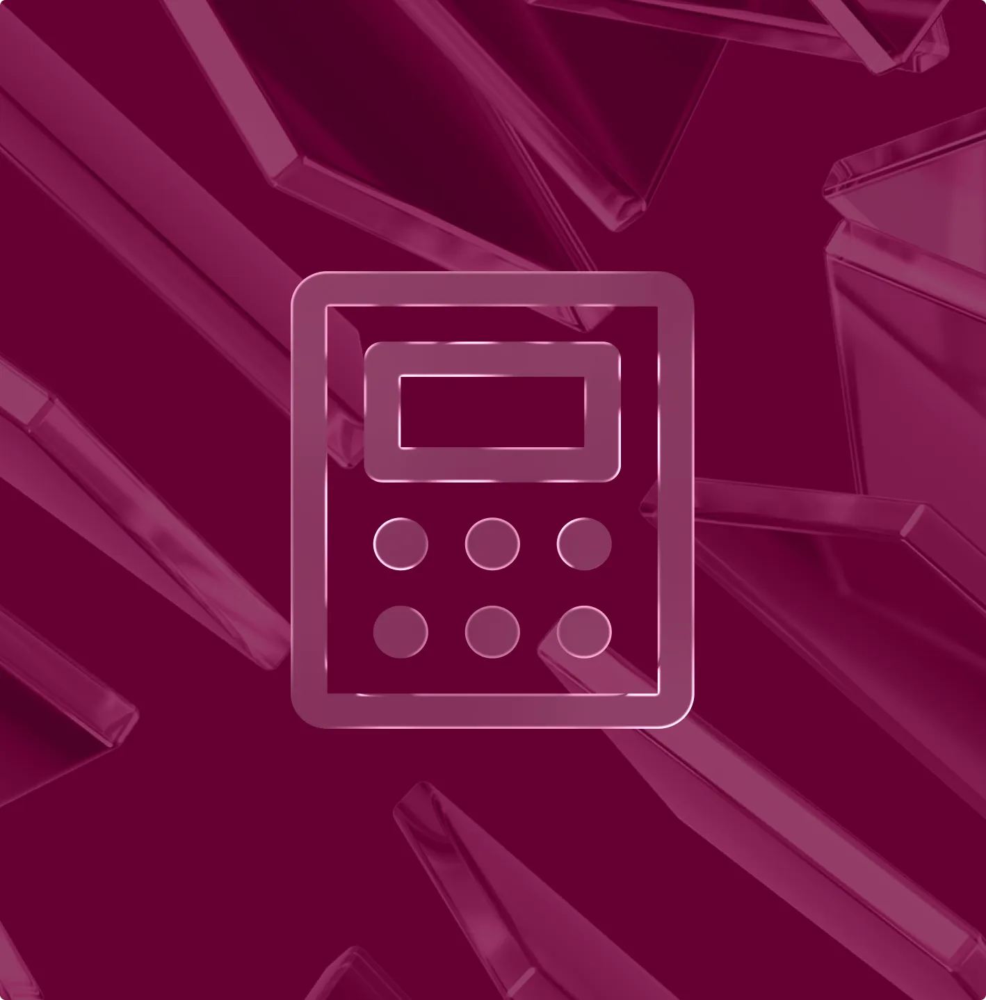 Transparent calculator icon with rectangular display and six circular buttons on a dark pink abstract background with elongated shapes.