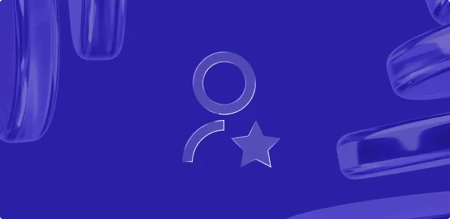 A glossy, blue icon of a person with a star to the right, set against a dark blue background with abstract rounded shapes.