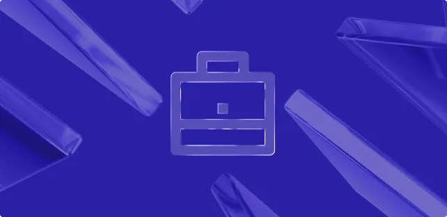 Semi-transparent briefcase icon centered on a blue background with floating 3D rectangular shapes.