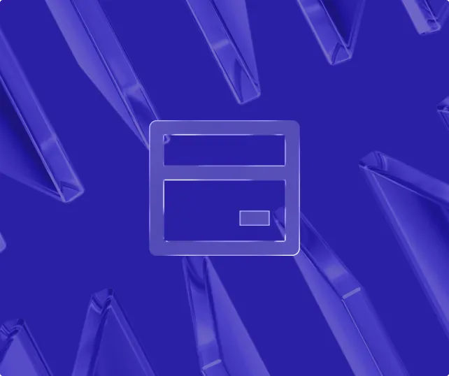 Transparent credit card icon centered on a blue background with multiple translucent 3D arrow shapes pointing downward.