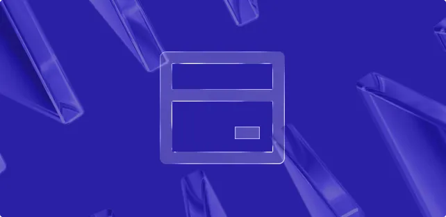 Transparent credit card icon centered on a shiny blue background with abstract crystal-like shapes.