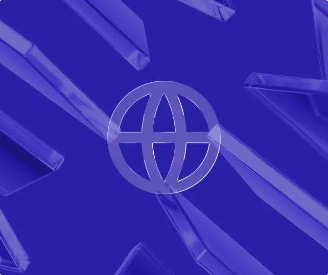 Transparent globe icon with latitude and longitude lines centered against a blue background with abstract translucent geometric shapes.