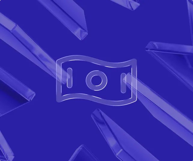 Transparent icon of a waving banknote with a central circle, set against a blue background with glossy, angular shapes.