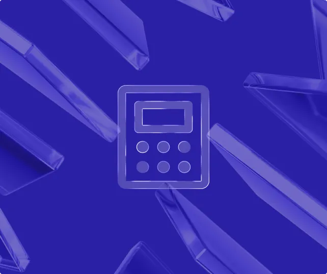 Icon of a calculator with a display screen and buttons in the center on a blue background with angled transparent geometric shapes.