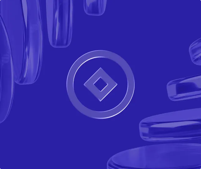 3D rendered scene with transparent blue cylindrical and rectangular shapes floating around a central circular ring with a tilted square cutout inside, all set against a solid blue background.