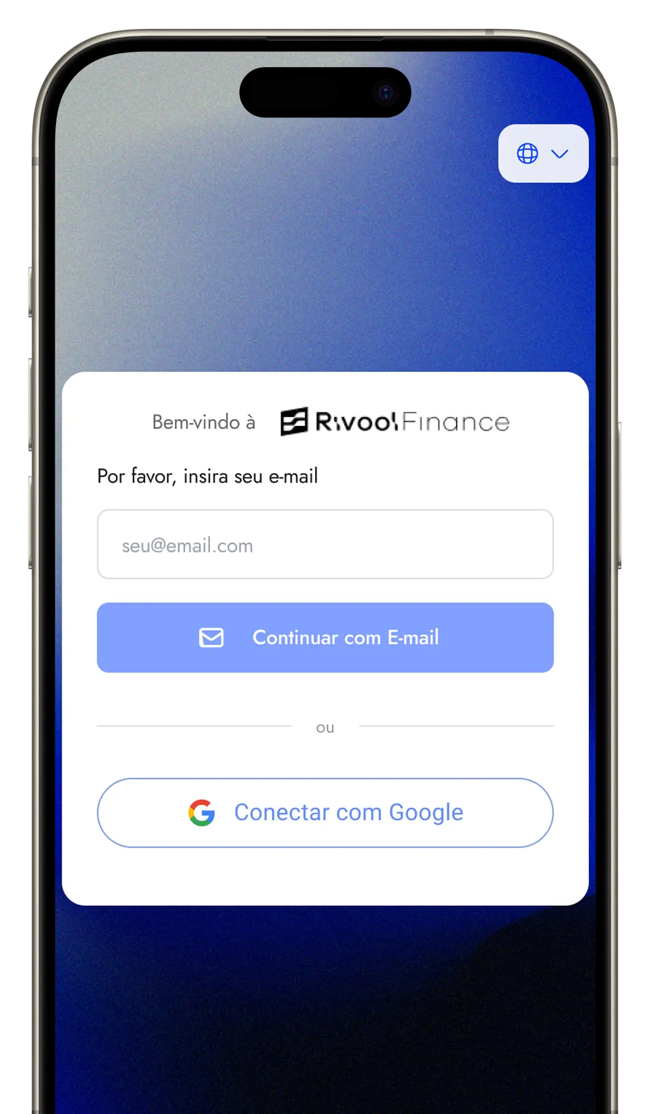 Smartphone screen displaying a login interface for Rivoo! Finance in Portuguese, asking to enter an email with options to continue via email or connect with Google.