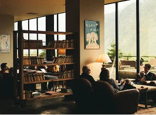 Cozy indoor lounge with people seated on sofas and chairs around a coffee table, soft lamp light, bookshelves, and large windows showing a green, mountainous outdoor view.