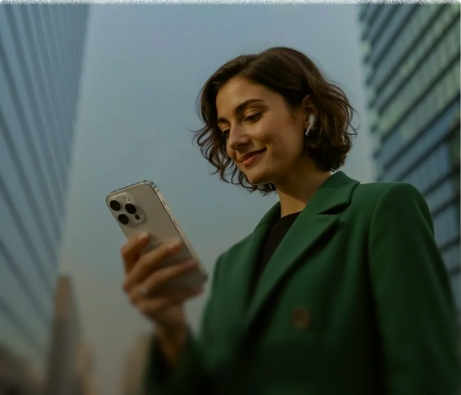 A woman with short brown hair wearing a green coat and wireless earbuds looks at her smartphone with a slight smile, standing outdoors between tall modern buildings.