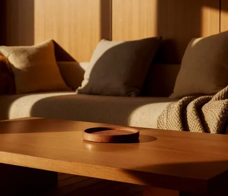 Living room with a sofa and coffee table lit by the afternoon sun