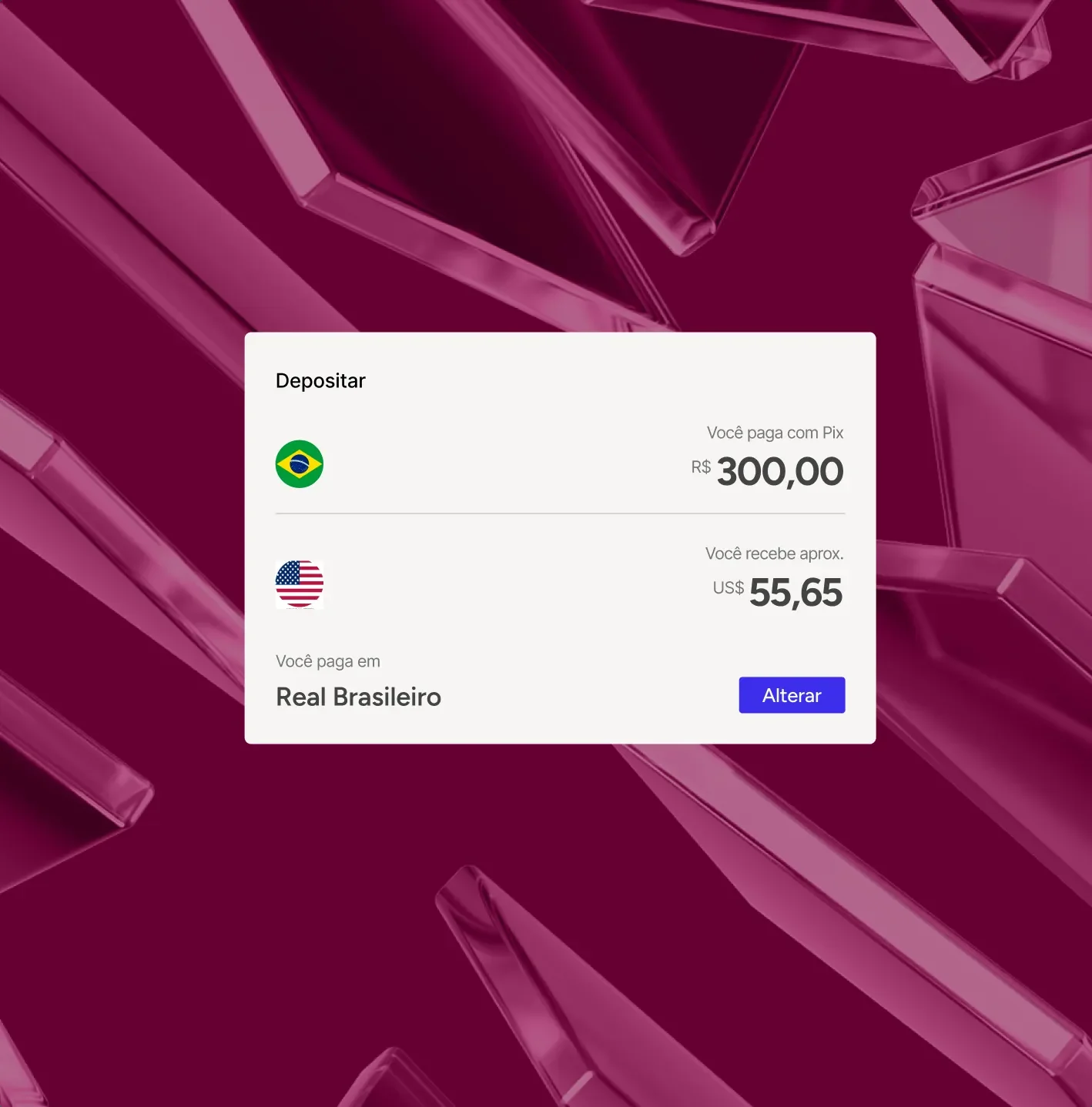 Tela de depósito via Pix com conversão para dólar