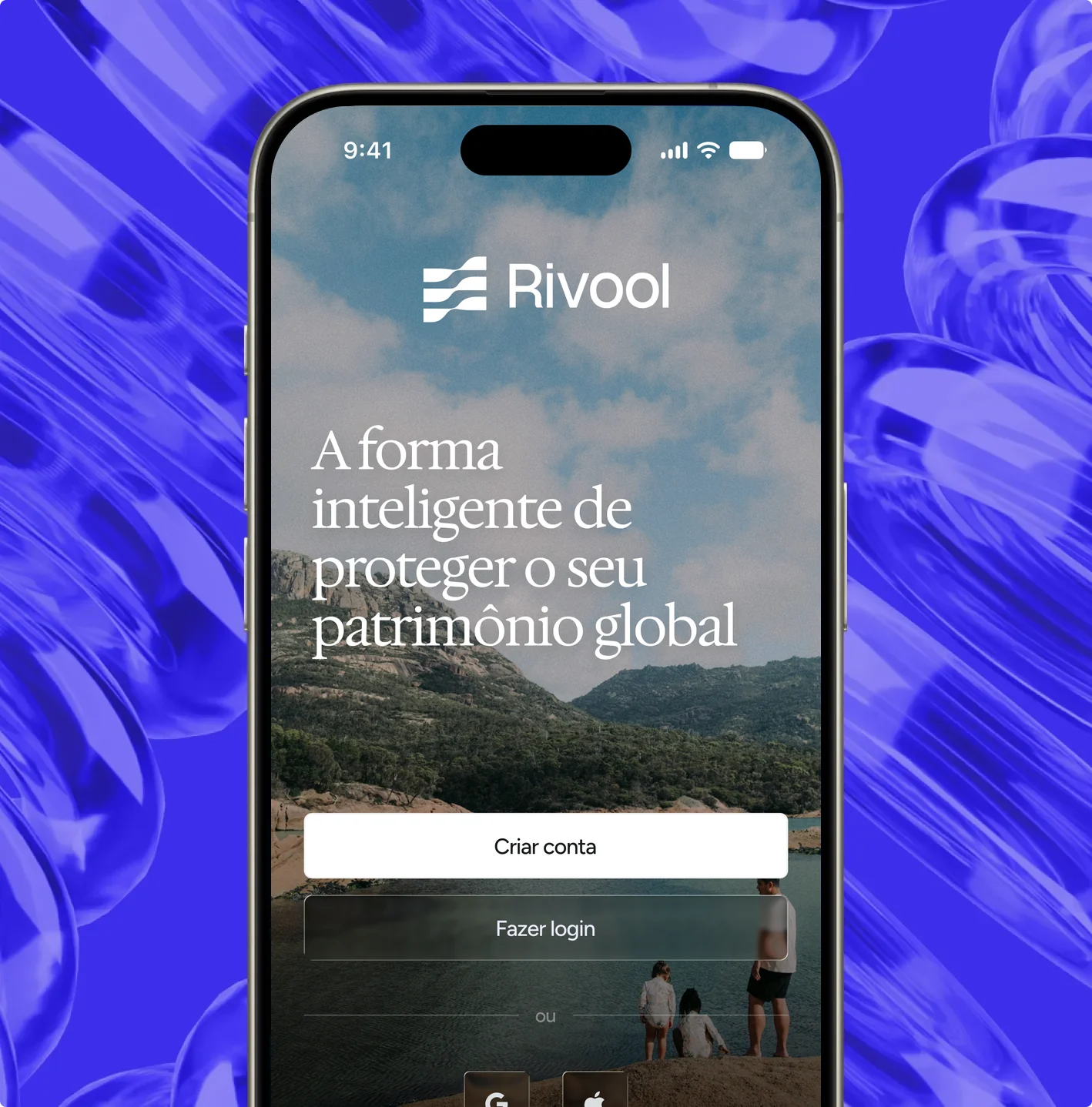 Tela inicial do app Rivool: A forma inteligente de proteger o seu patrimônio global, com os botões Criar conta e Fazer login