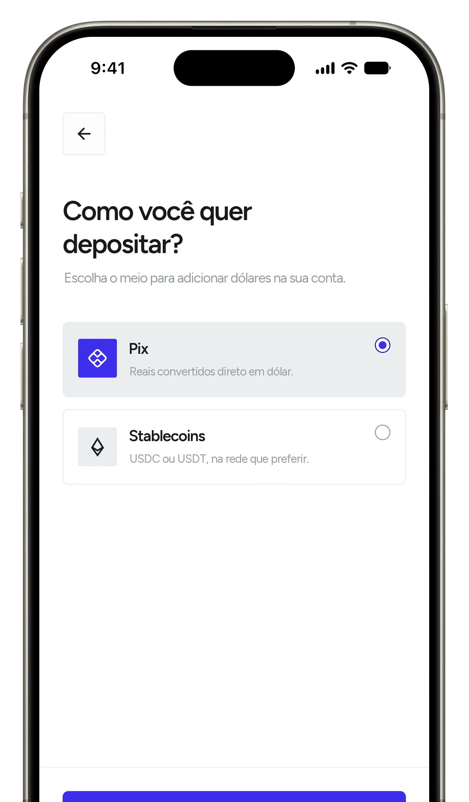 Tela do app Rivool para escolher como depositar, com Pix selecionado