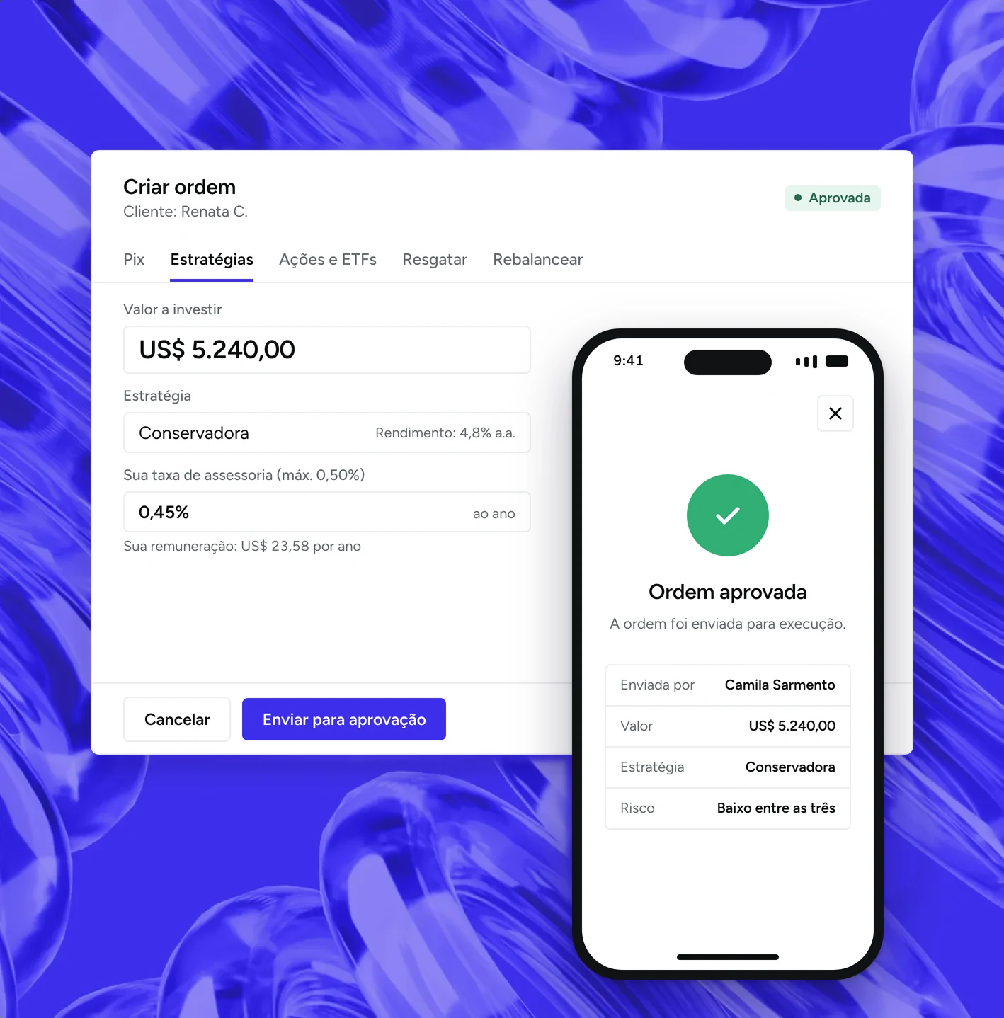 Criação de ordem para uma cliente e, no celular, a ordem aprovada