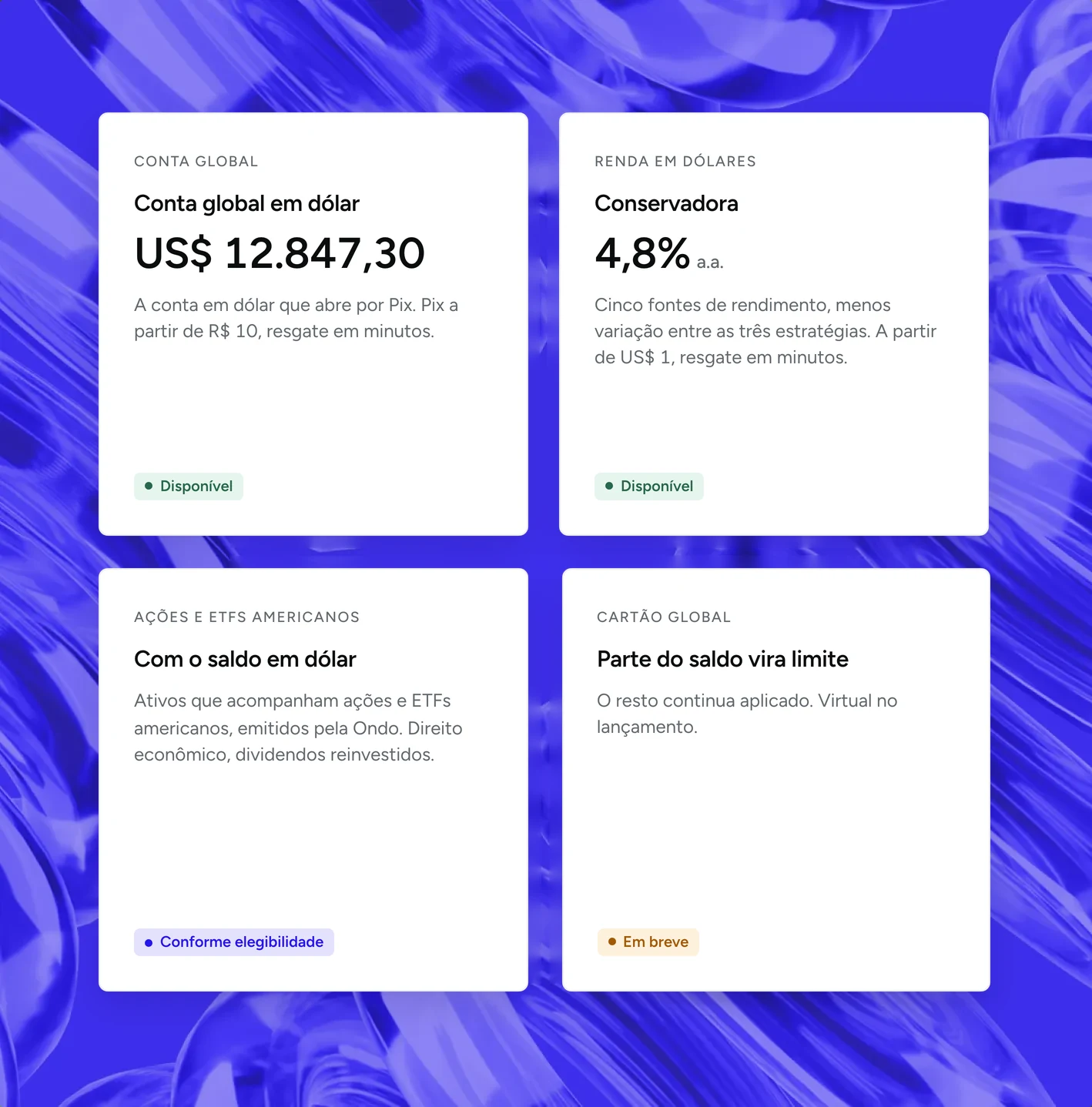 Produtos no painel: conta global em dólar, estratégia Conservadora com 4,8% ao ano, ações e ETFs americanos e Cartão Global em breve